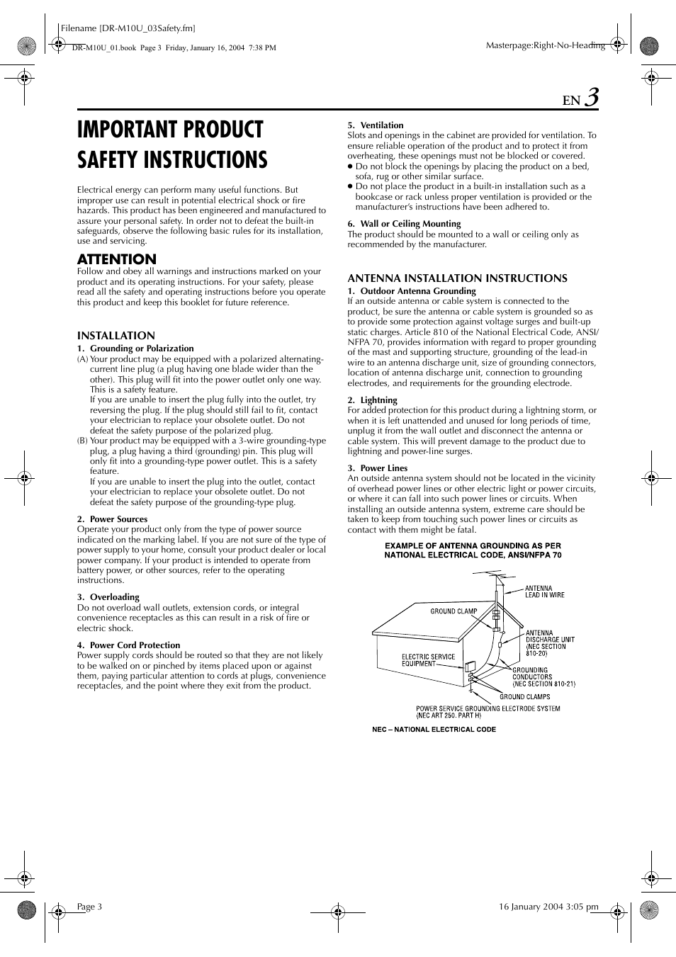 Important product safety instructions, Attention | JVC DR-M10 User Manual | Page 3 / 112