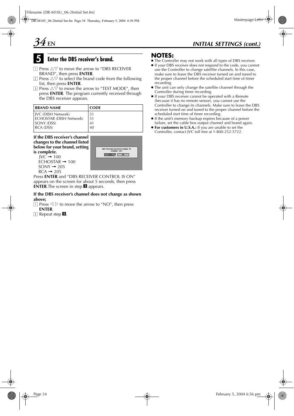 Initial settings (cont.), Enter the dbs receiver’s brand | JVC DR-M10 User Manual | Page 34 / 112