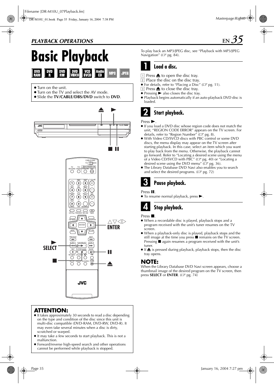 Playback operations, Basic playback, Pg. 35, 57 | Pg. 35, Pg. 35, 44, Pg. 35, 4, Load a disc, Start playback, Pause playback, Stop playback | JVC DR-M10 User Manual | Page 35 / 112