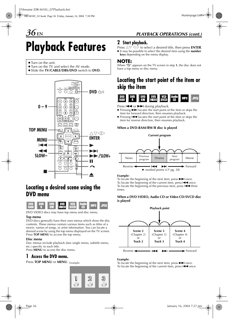Playback features, Locating a desired scene using the dvd menu, Pg. 36, 5 | Pg. 36, Pg. 36, 4, Pg. 36, 44, Locating a, Desired scene using the dvd menu, Pg. 36), Playback operations (cont.) | JVC DR-M10 User Manual | Page 36 / 112
