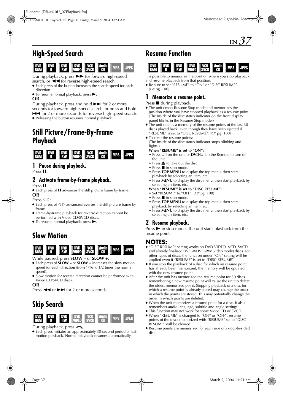 High-speed search, Still picture/frame-by-frame playback, Slow motion | Skip search, Resume function, Pg. 37, 4, Pg. 37, Pg. 37, 6, Pg. 37, 44, Pause during playback | JVC DR-M10 User Manual | Page 37 / 112
