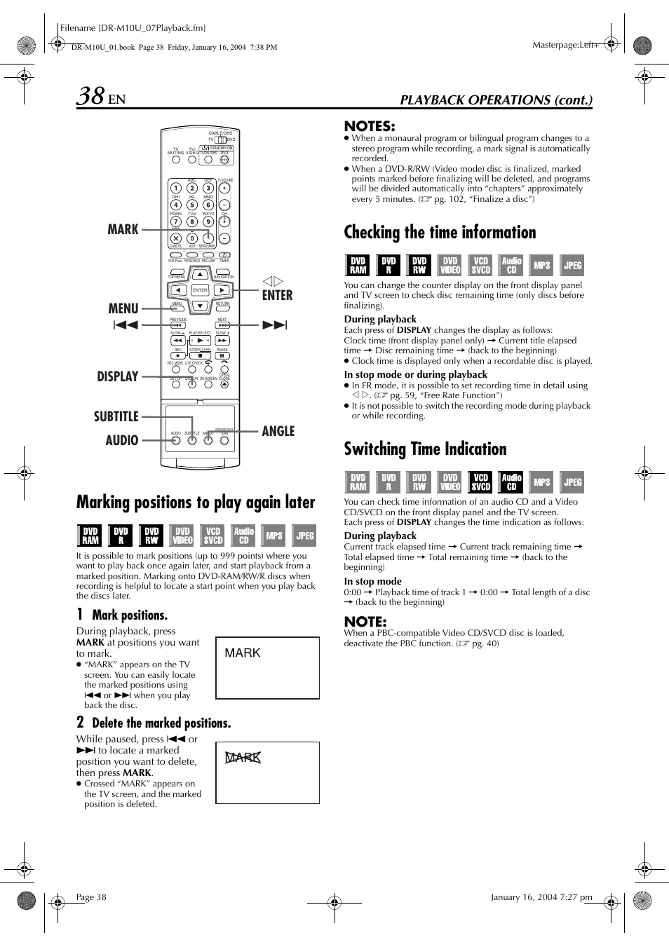 Marking positions to play again later, Checking the time information, Switching time indication | Pg. 38, 58, Pg. 38, Marked points, Pg. 38), Playback operations (cont.), Mark positions | JVC DR-M10 User Manual | Page 38 / 112