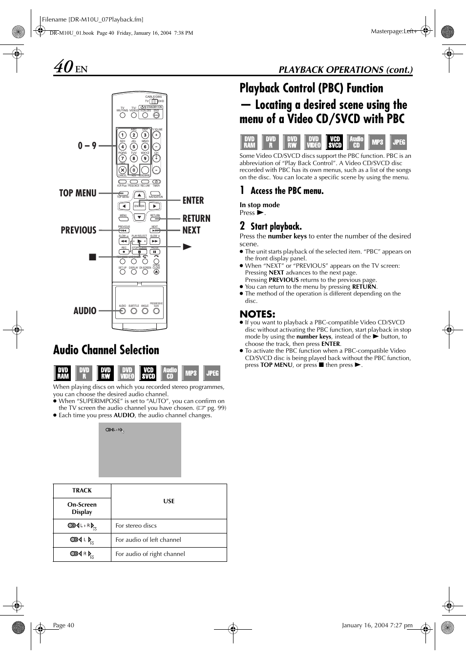 Audio channel selection, Playback control (pbc) function, Pg. 40) | Pg. 40, Pg. 40, 6, Pg. 40) or, C function, Playback operations (cont.), Access the pbc menu, Start playback | JVC DR-M10 User Manual | Page 40 / 112