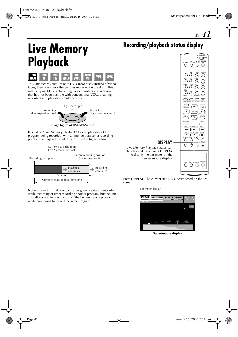 Live memory playback, Recording/playback status display, Display | JVC DR-M10 User Manual | Page 41 / 112