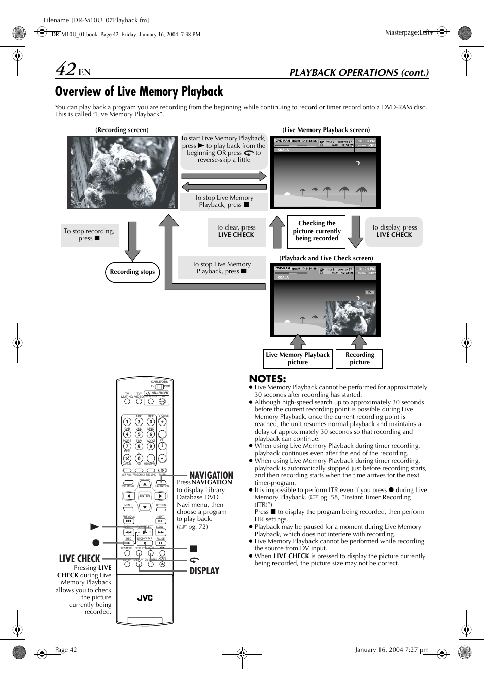 Overview of live memory playback, Playback operations (cont.), 74 8 navigation display live check | JVC DR-M10 User Manual | Page 42 / 112