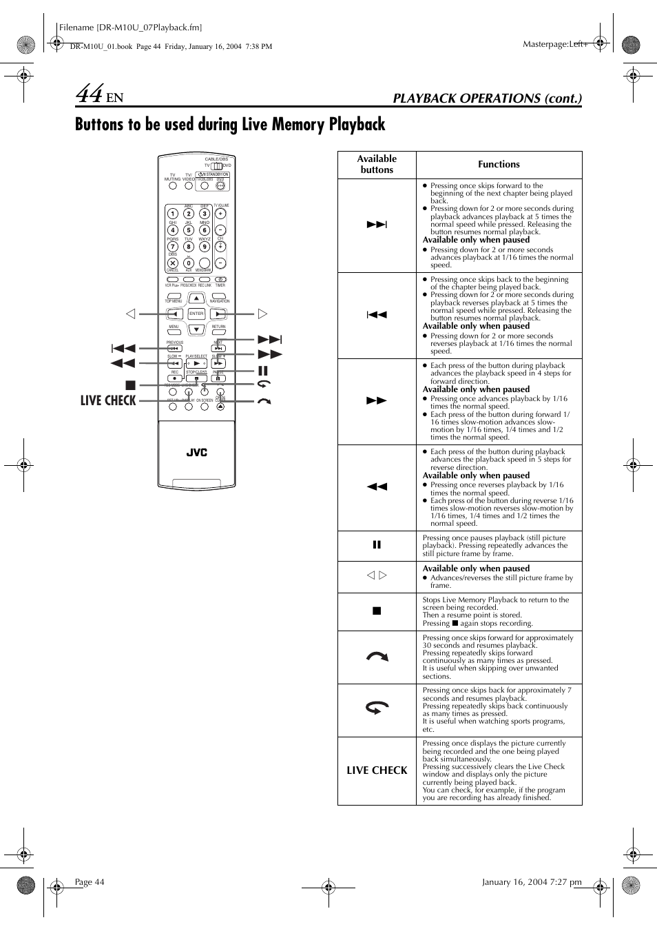 Buttons to be used during live memory playback, Pg. 44, Pg. 44, 45 | Playback operations (cont.), Live check, Available buttons functions | JVC DR-M10 User Manual | Page 44 / 112