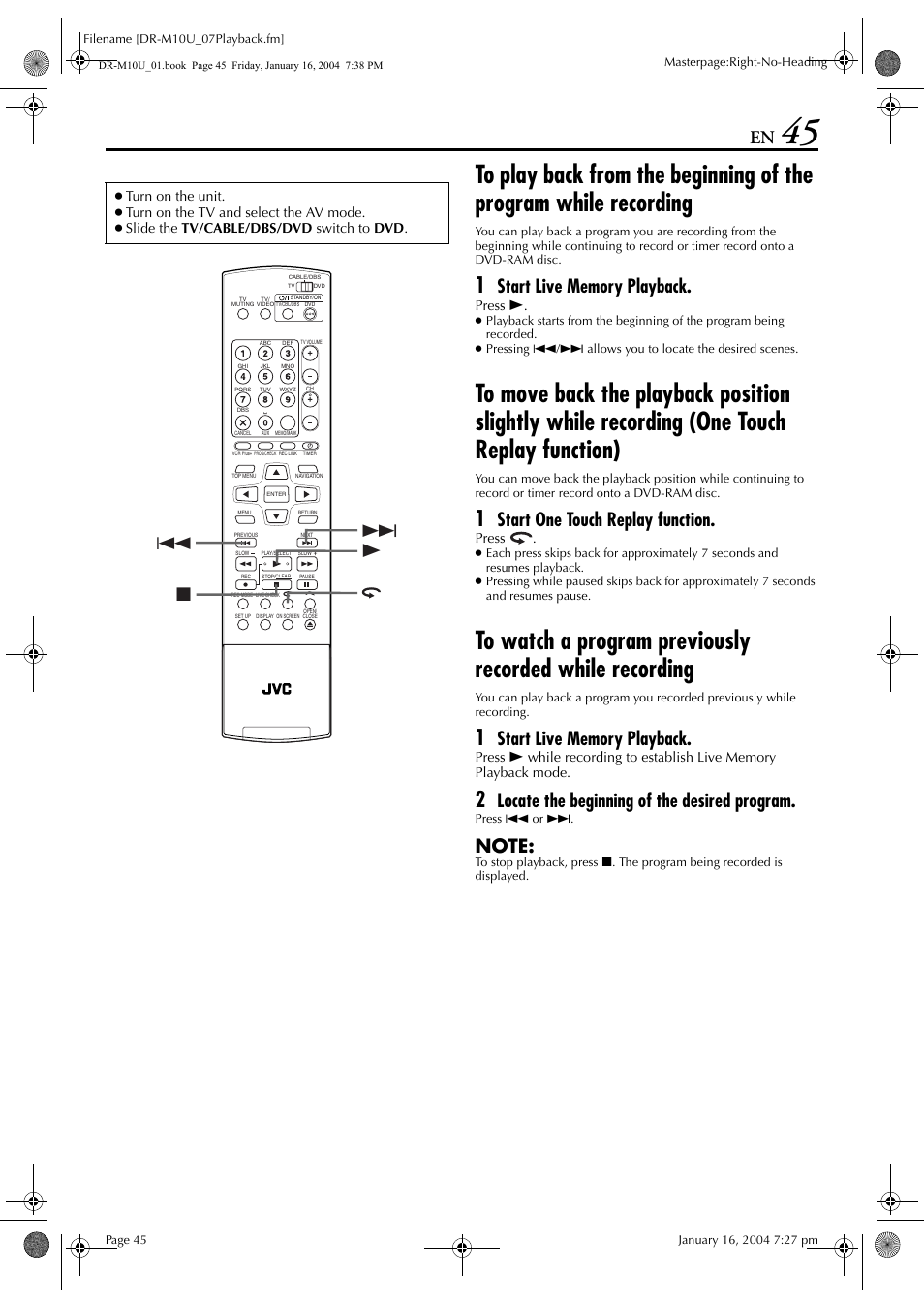 Start one touch replay function, Locate the beginning of the desired program, Press 4 | Press | JVC DR-M10 User Manual | Page 45 / 112