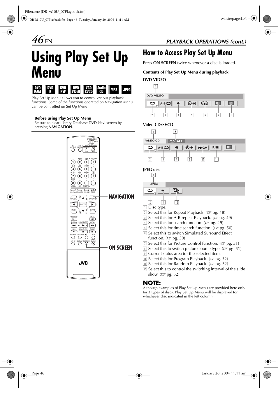 Using play set up menu, How to access play set up menu, Pg. 46 | Playback operations (cont.), Navigation on screen | JVC DR-M10 User Manual | Page 46 / 112