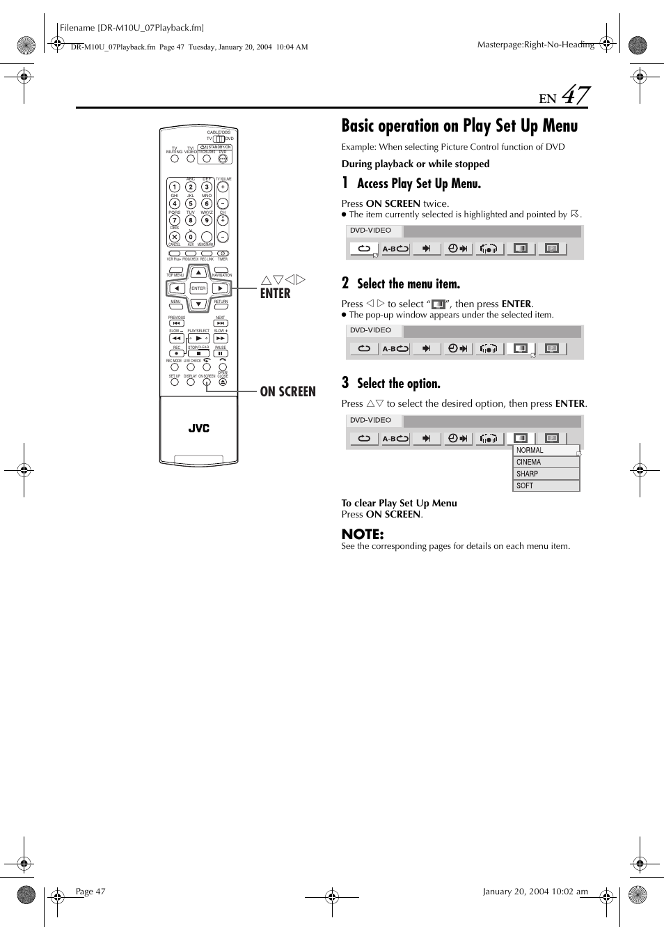 Basic operation on play set up menu, Access play set up menu, Select the menu item | Select the option, Rtwe enter on screen, During playback or while stopped, Press on screen twice, Press w e to select “ ”, then press enter | JVC DR-M10 User Manual | Page 47 / 112