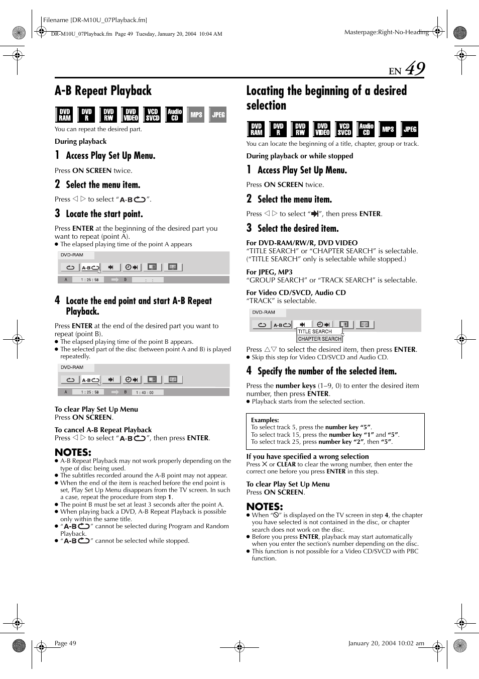 A-b repeat playback, Locating the beginning of a desired selection, Pg. 49) | Function, Access play set up menu, Select the menu item, Locate the start point, Locate the end point and start a-b repeat playback, Select the desired item, Specify the number of the selected item | JVC DR-M10 User Manual | Page 49 / 112