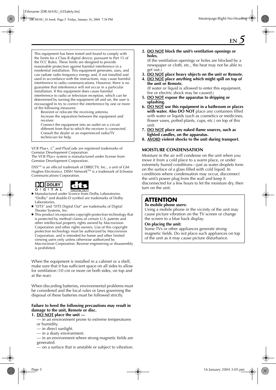 Attention | JVC DR-M10 User Manual | Page 5 / 112