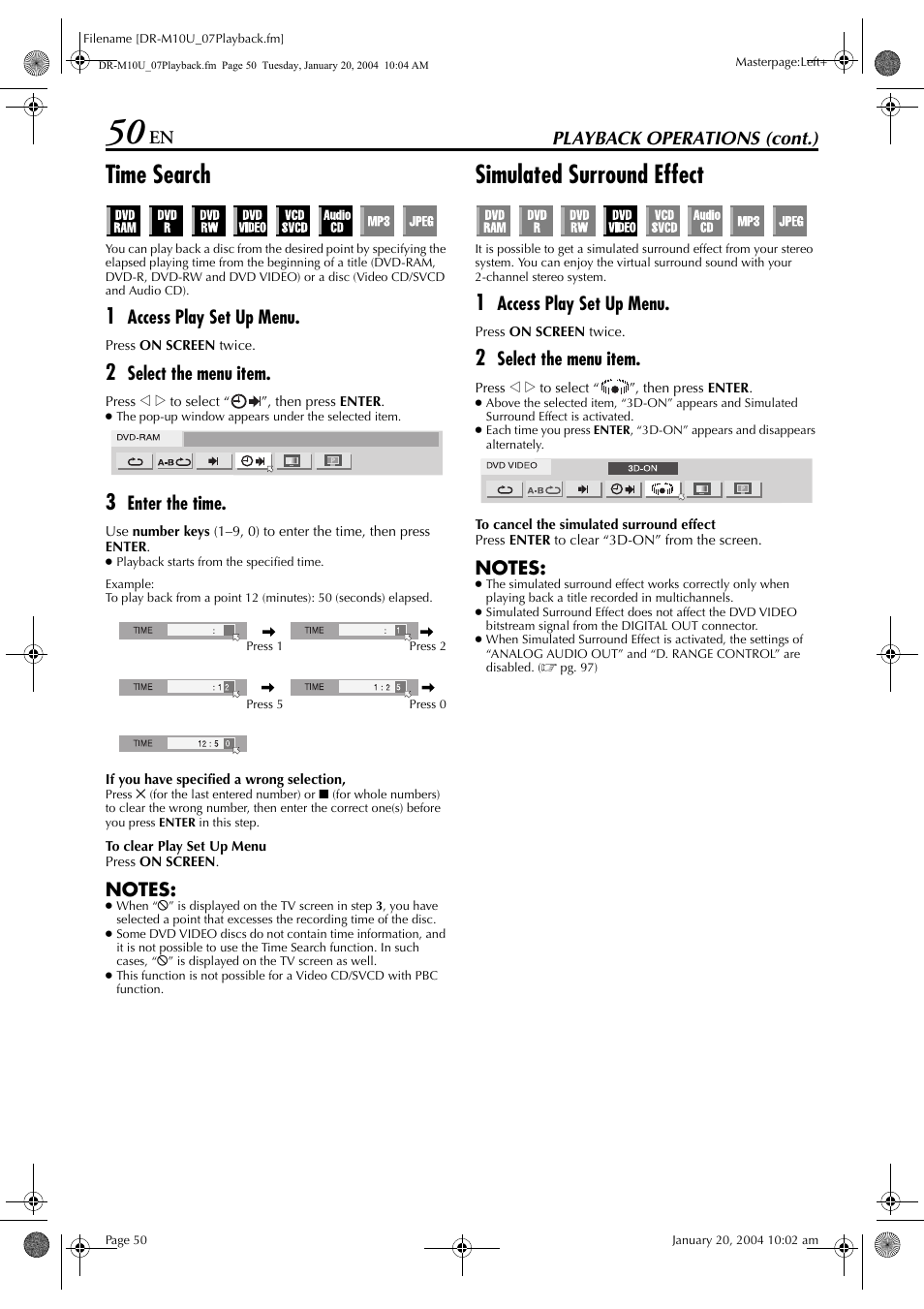 Time search, Simulated surround effect, Pg. 50 | Function, Pg. 50), Playback operations (cont.), Access play set up menu, Select the menu item, Enter the time | JVC DR-M10 User Manual | Page 50 / 112