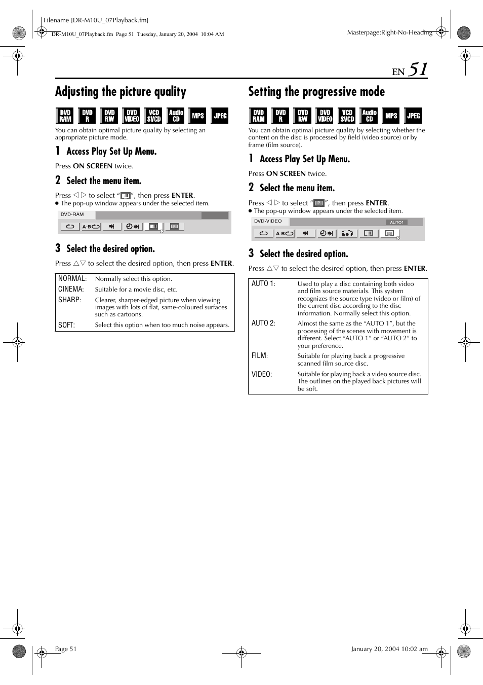 Adjusting the picture quality, Setting the progressive mode, Pg. 51) | Ce type | JVC DR-M10 User Manual | Page 51 / 112
