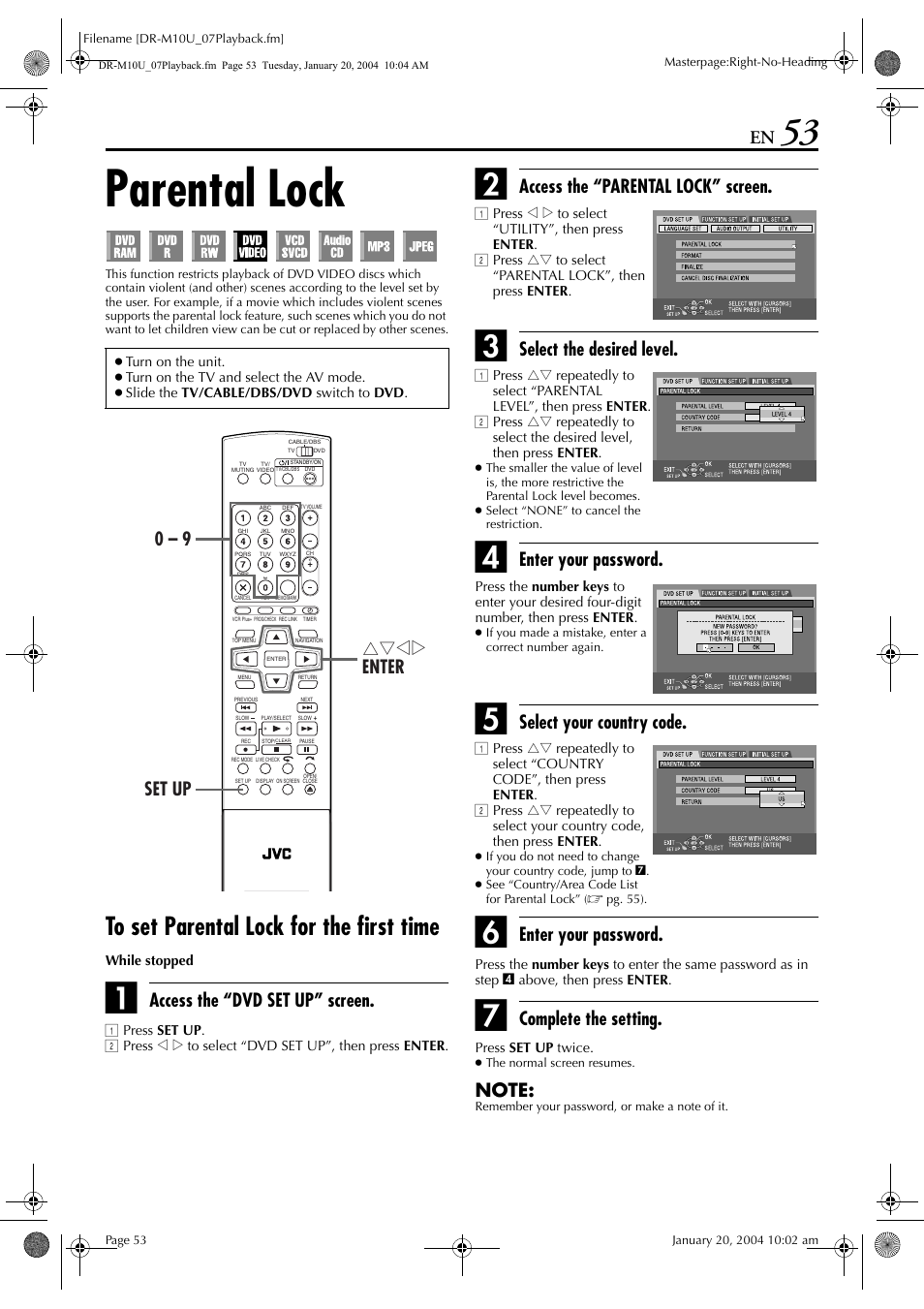 Parental lock, To set parental lock for the first time, Pg. 53, 60 | Access the “dvd set up” screen, Access the “parental lock” screen, Select the desired level, Enter your password, Select your country code, Complete the setting, Rtwe enter set up 0 – 9 | JVC DR-M10 User Manual | Page 53 / 112