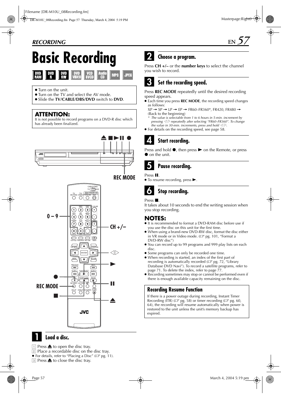 Recording, Basic recording, Recording 57 | Pg. 57, Load a disc, Choose a program, Set the recording speed, Start recording, Pause recording, Stop recording | JVC DR-M10 User Manual | Page 57 / 112