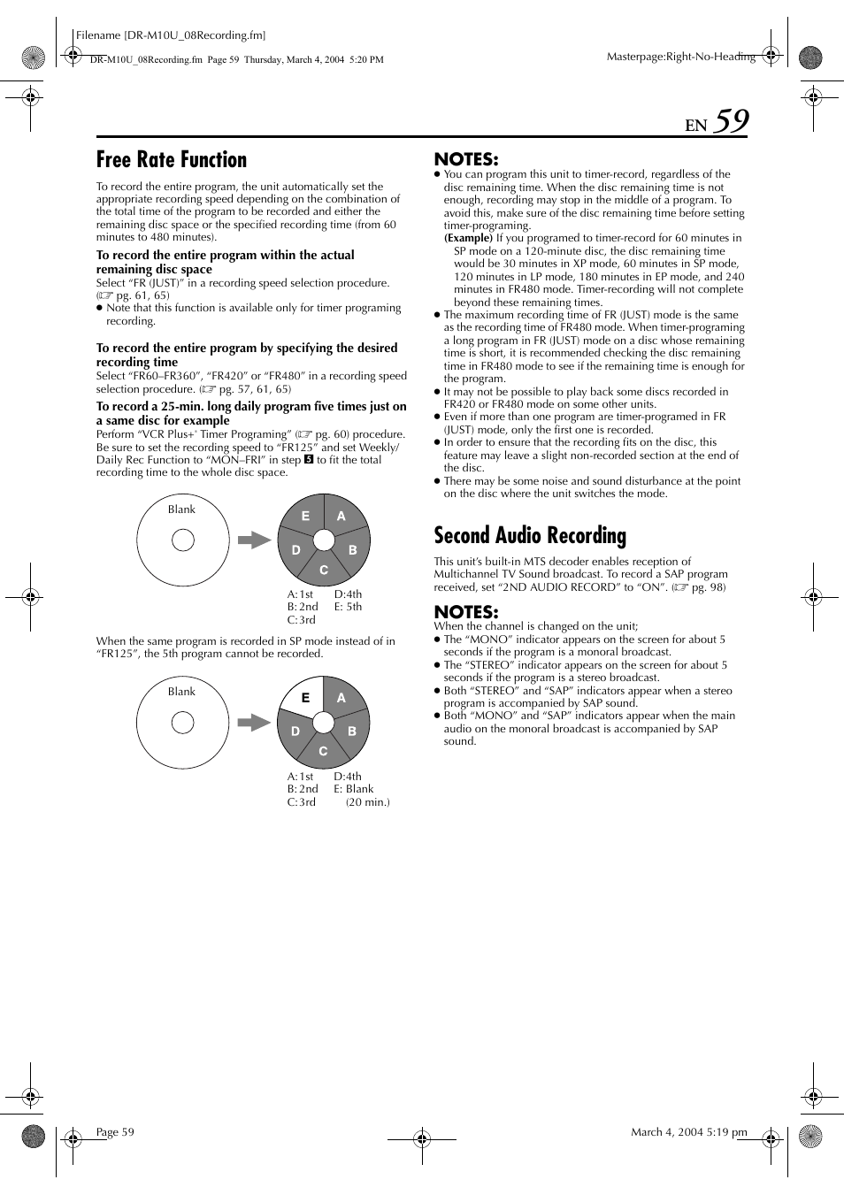 Free rate function, Second audio recording, Pg. 59, “free rate function”) | Pg. 59) | JVC DR-M10 User Manual | Page 59 / 112