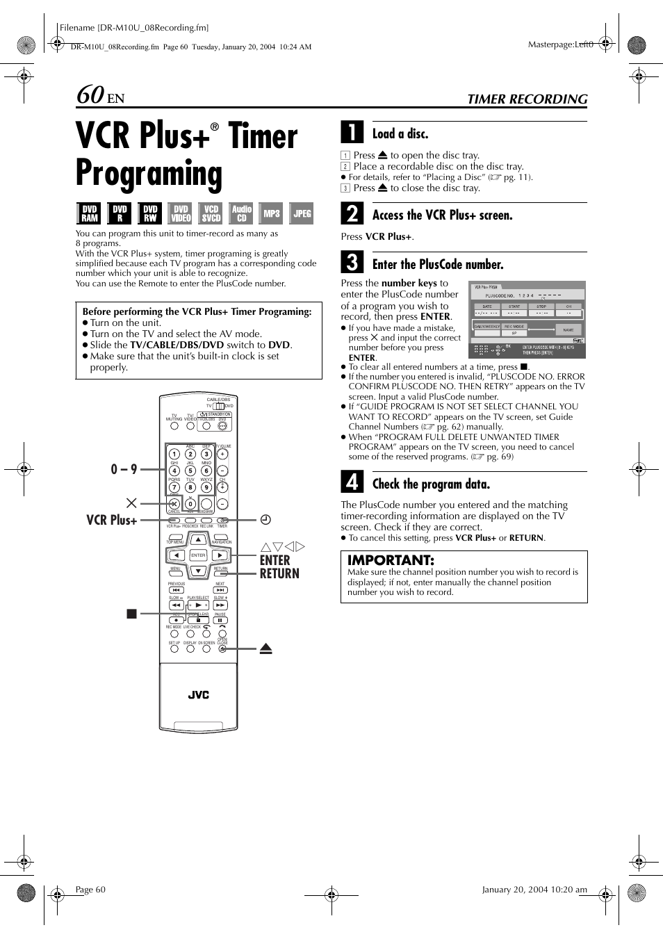 Timer recording, Vcr plus+® timer programing, Vcr plus | Pg. 60, 6, Pg. 60, Med using “vcr plus, Timer programing, Pg. 60), Rform “vcr plus, Pg. 60) procedure | JVC DR-M10 User Manual | Page 60 / 112