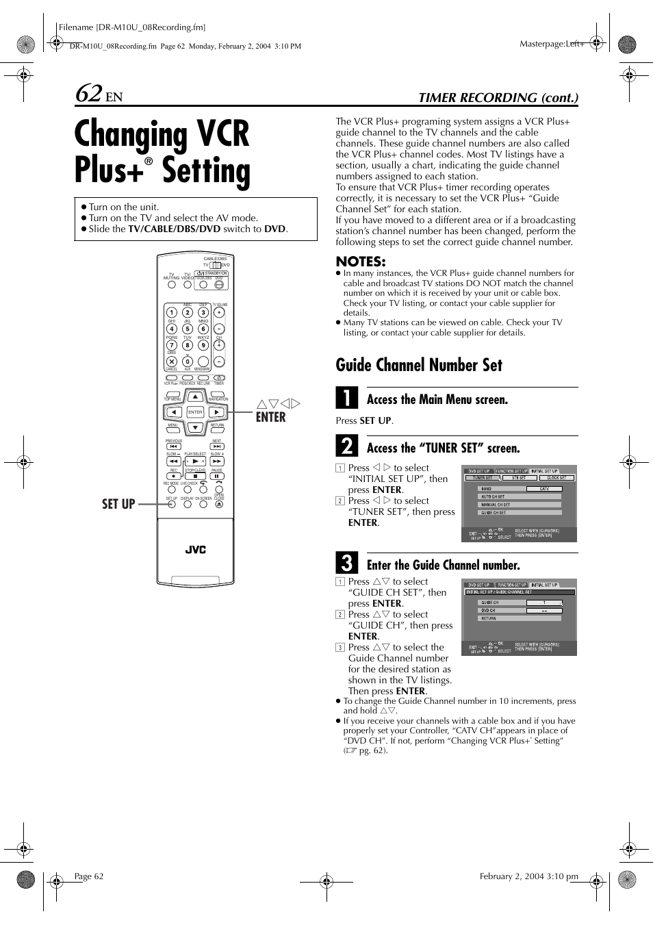 Changing vcr plus+® setting, Guide channel number set, Changing vcr plus | Setting, Timer recording (cont.), Access the main menu screen, Access the “tuner set” screen, Enter the guide channel number, Rtwe enter set up | JVC DR-M10 User Manual | Page 62 / 112