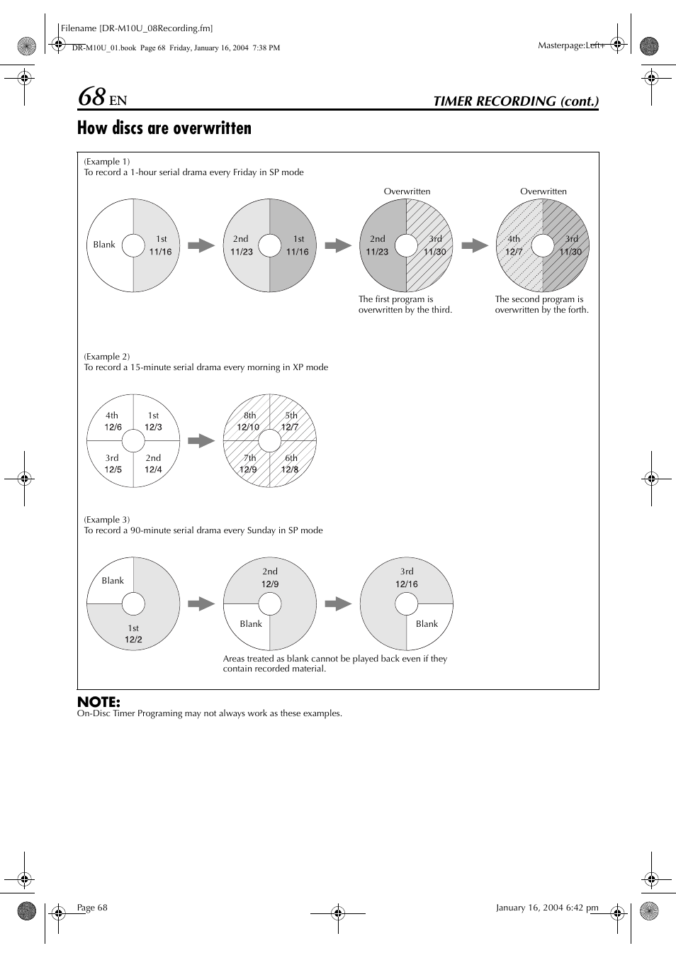 How discs are overwritten, Pg. 68, “how discs are overwritten”), Timer recording (cont.) | JVC DR-M10 User Manual | Page 68 / 112