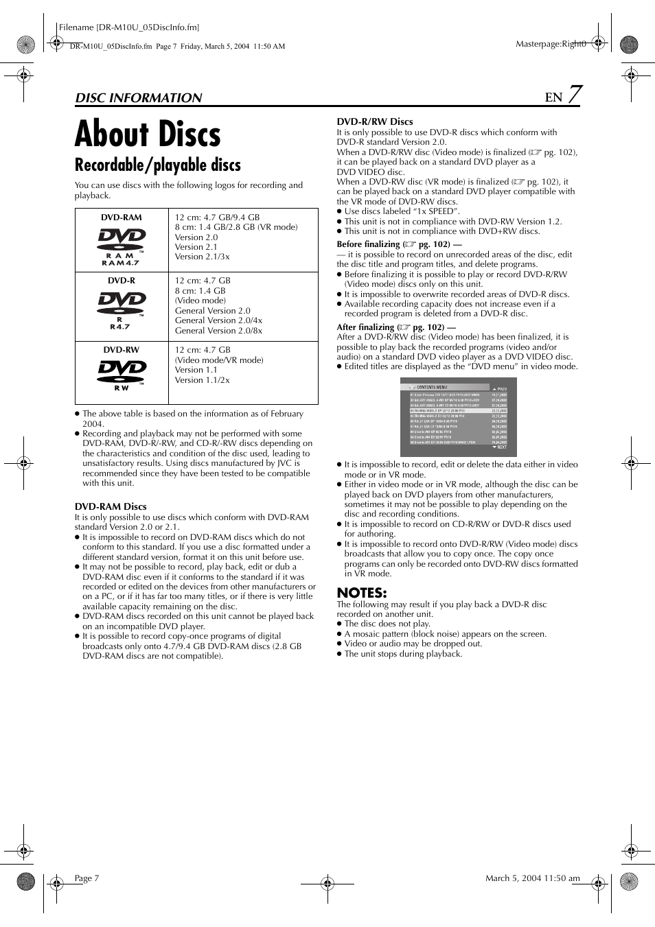 Disc information, About discs, Recordable/playable discs | JVC DR-M10 User Manual | Page 7 / 112