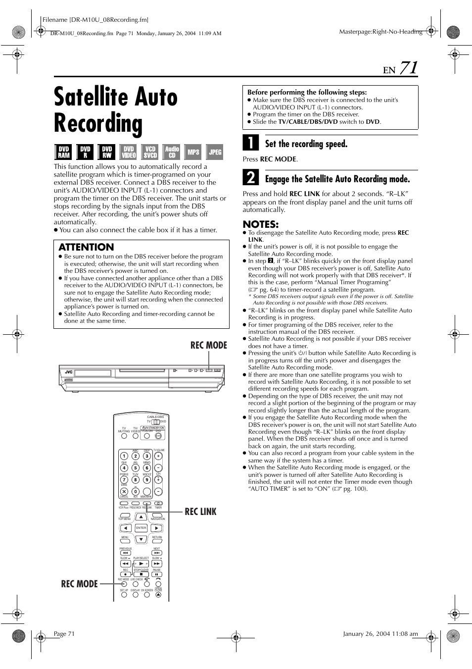 Satellite auto recording, Pg. 71, Set the recording speed | Engage the satellite auto recording mode, Attention, Rec link rec mode, Rec mode | JVC DR-M10 User Manual | Page 71 / 112