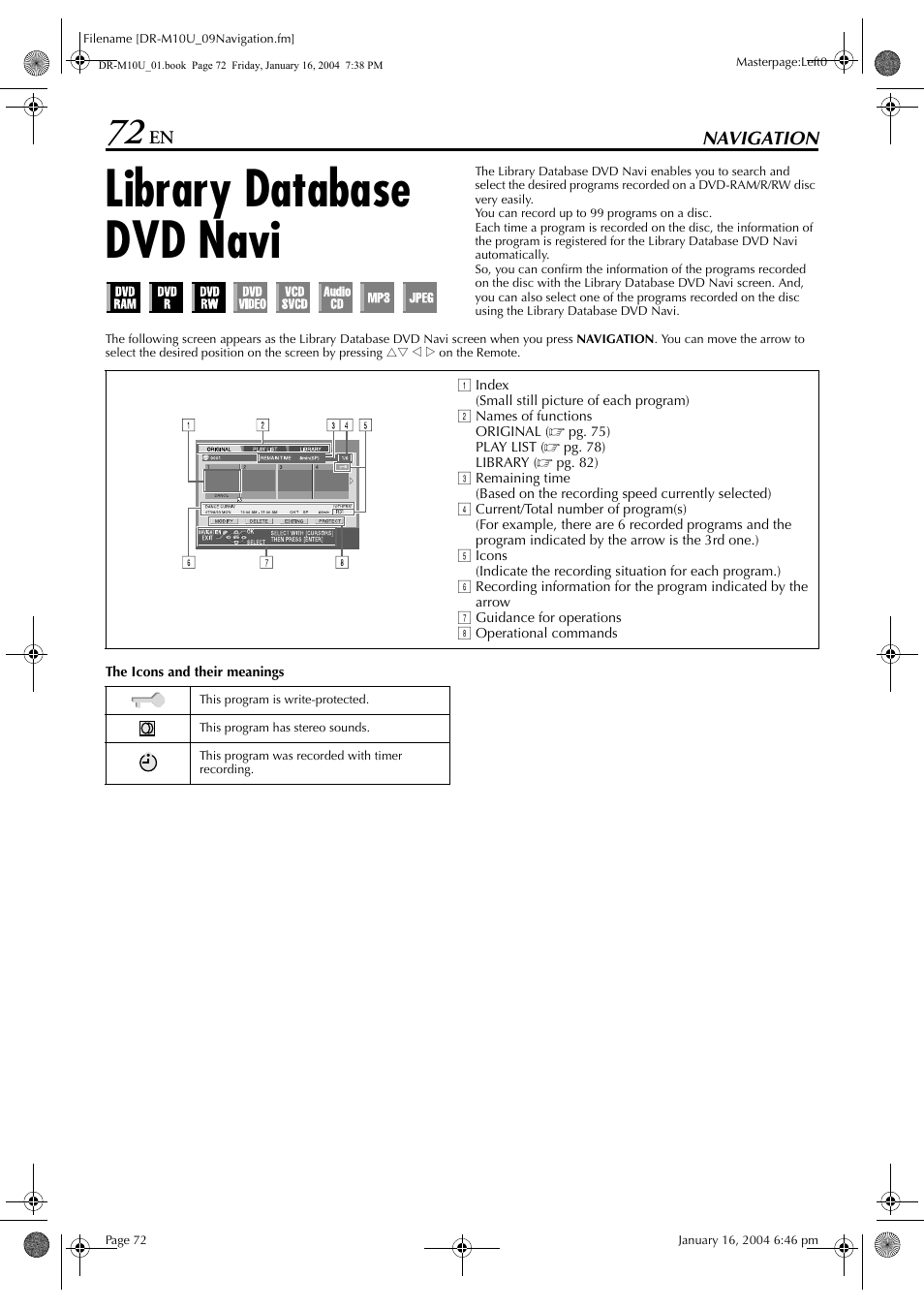 Navigation, Library database dvd navi, Navigation 72 | Pg. 72, Pg. 72), Pg. 72, “library, Database dvd navi”). t | JVC DR-M10 User Manual | Page 72 / 112