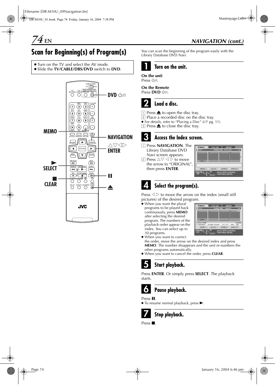 Scan for beginning(s) of program(s), Pg. 74, 8, Pg. 74) | Navigation (cont.), Turn on the unit, Load a disc, Access the index screen, Select the program(s), Start playback, Pause playback | JVC DR-M10 User Manual | Page 74 / 112