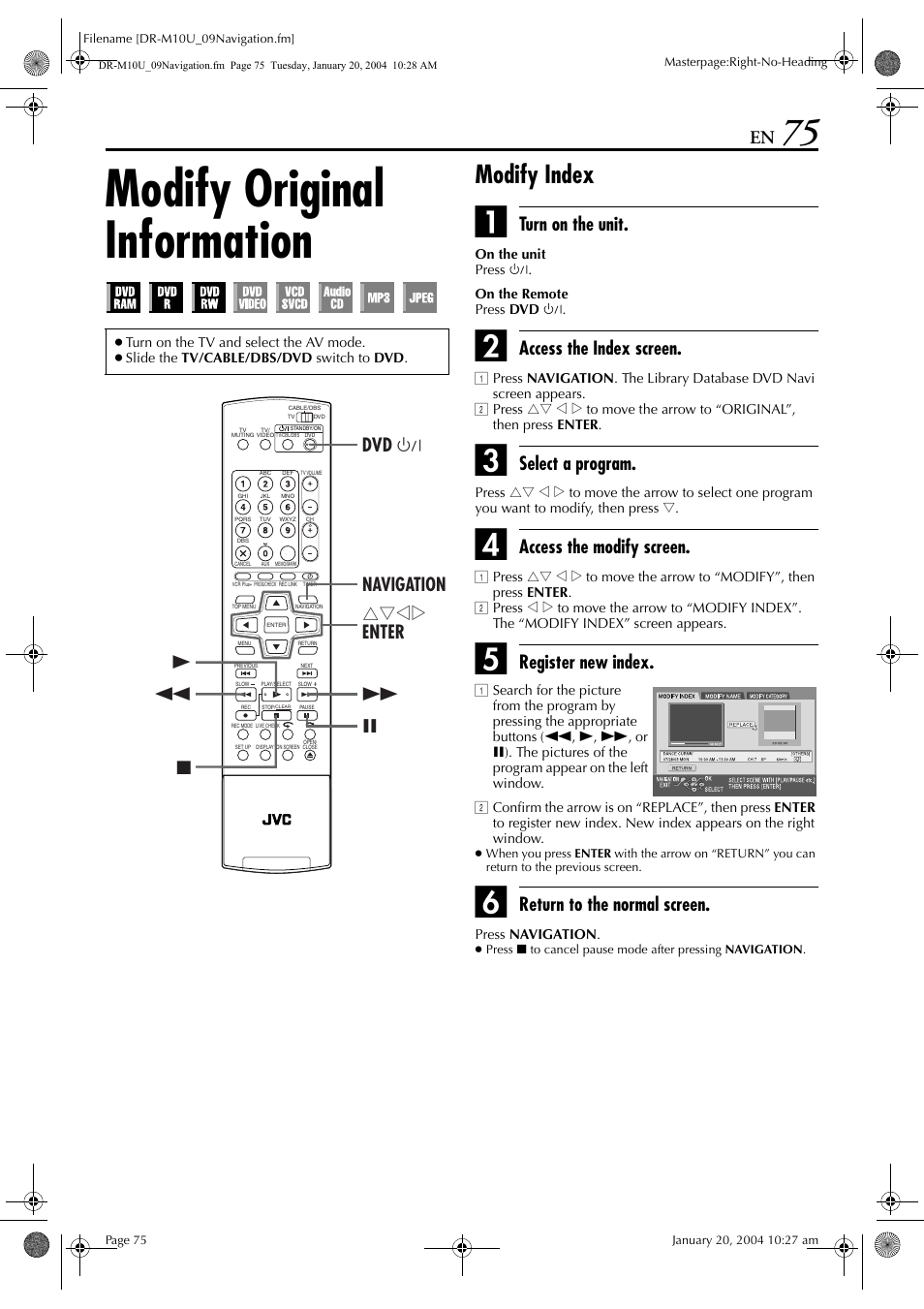Modify original information, Modify index, Pg. 75) | Turn on the unit, Access the index screen, Select a program, Access the modify screen, Register new index, Return to the normal screen | JVC DR-M10 User Manual | Page 75 / 112