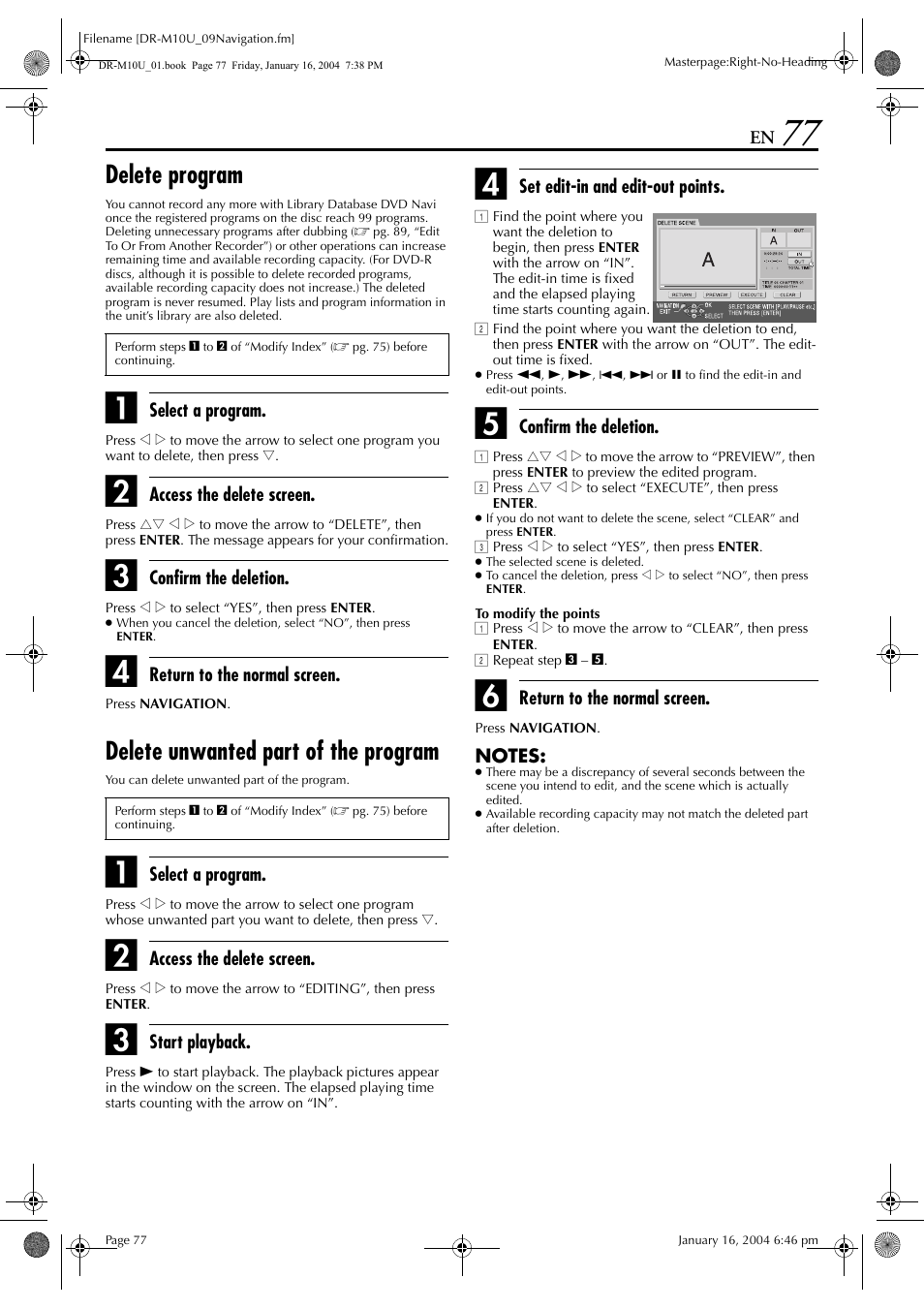 Delete program, Delete unwanted part of the program, Pg. 77) | New one, Pg. 77, Delete program”) | JVC DR-M10 User Manual | Page 77 / 112