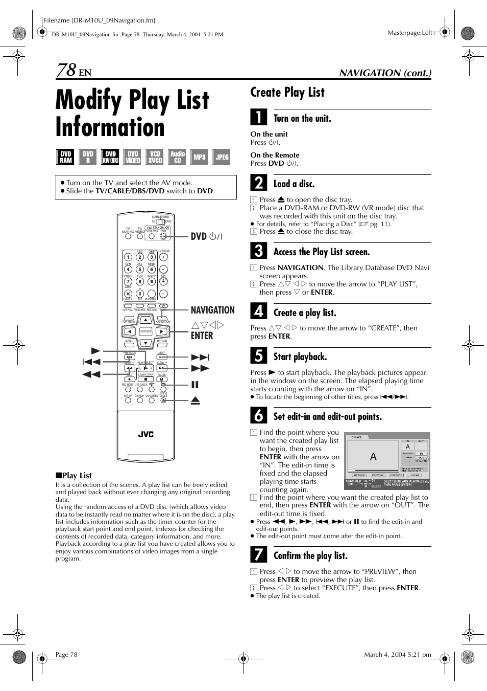 Modify play list information, Create play list, Ming | Pg. 78), Navigation (cont.), Turn on the unit, Load a disc, Access the play list screen, Create a play list, Start playback | JVC DR-M10 User Manual | Page 78 / 112