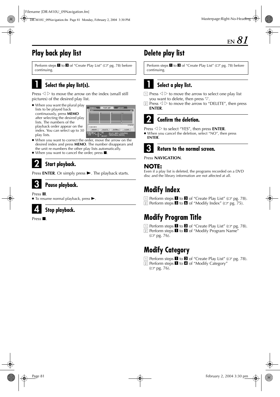 Play back play list, Delete play list, Modify index | Modify program title, Modify category | JVC DR-M10 User Manual | Page 81 / 112