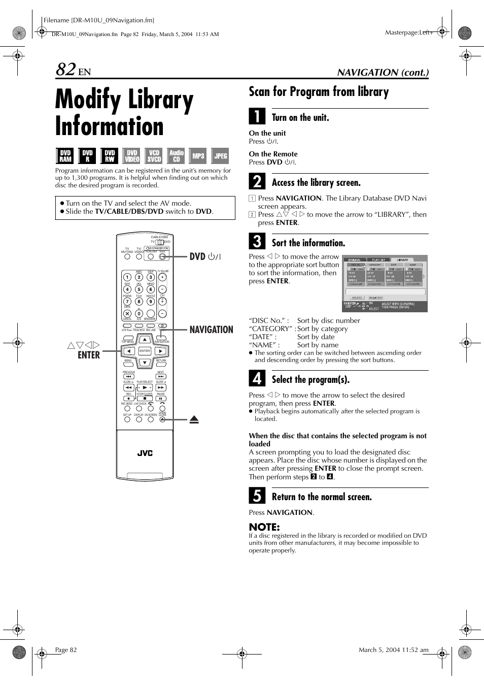 Modify library information, Scan for program from library, Pg. 82) | Navigation (cont.), Turn on the unit, Access the library screen, Sort the information, Select the program(s), Return to the normal screen, Rtwe enter dvd 1 navigation x | JVC DR-M10 User Manual | Page 82 / 112