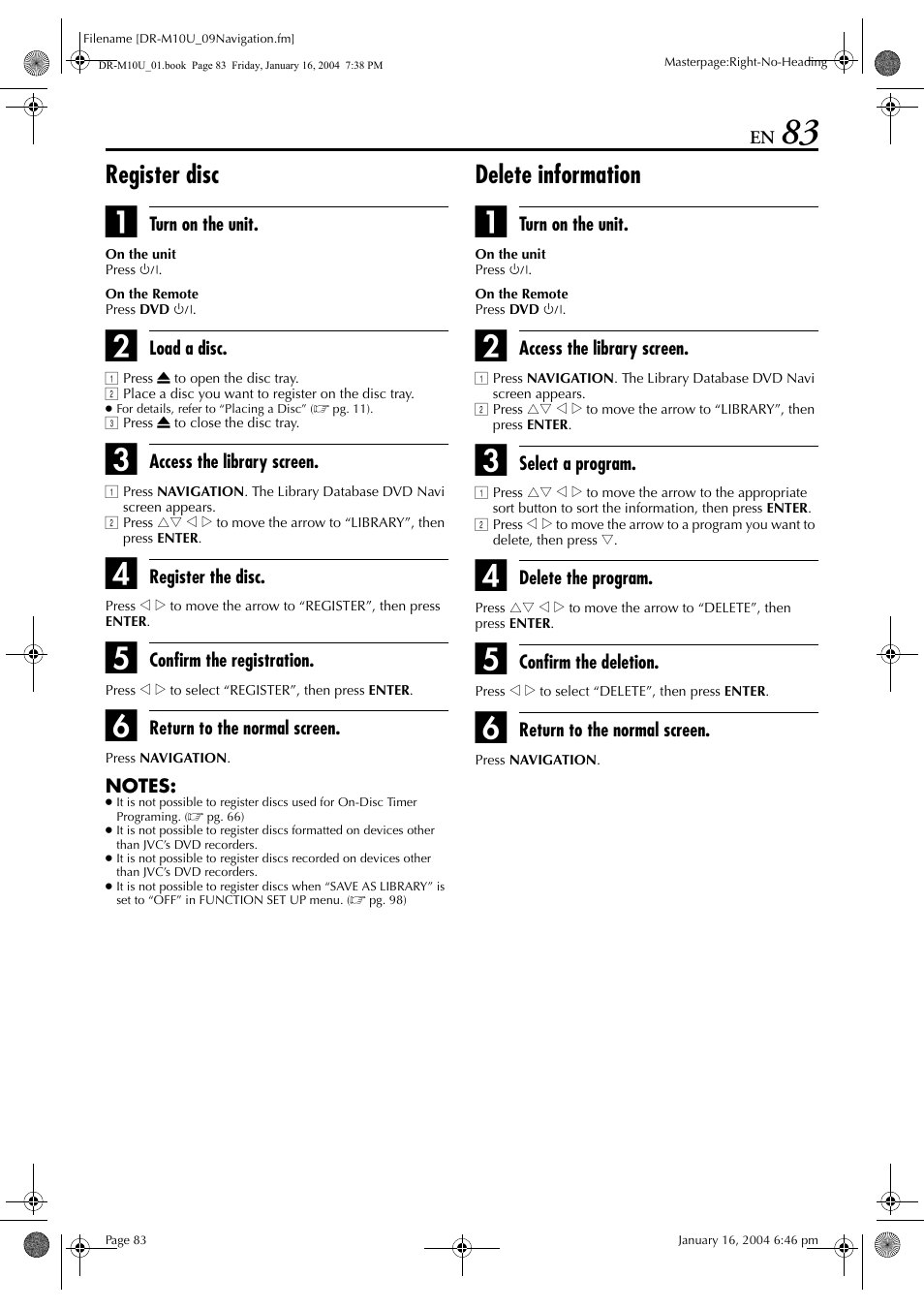 Register disc, Delete information | JVC DR-M10 User Manual | Page 83 / 112
