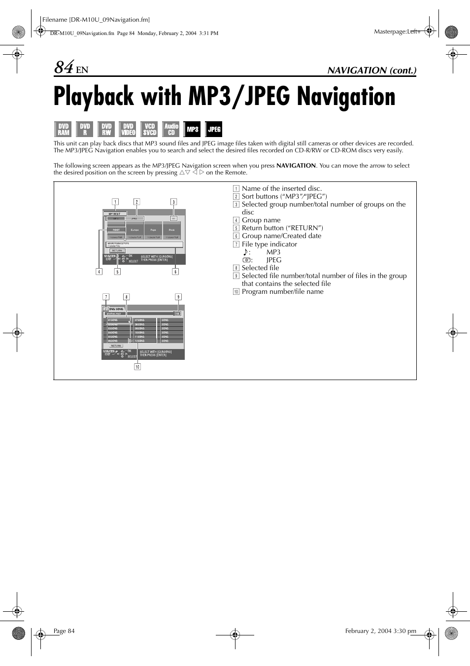 Playback with mp3/jpeg navigation, Pg. 84), Ee “playback with mp3/jpeg navigation | JVC DR-M10 User Manual | Page 84 / 112