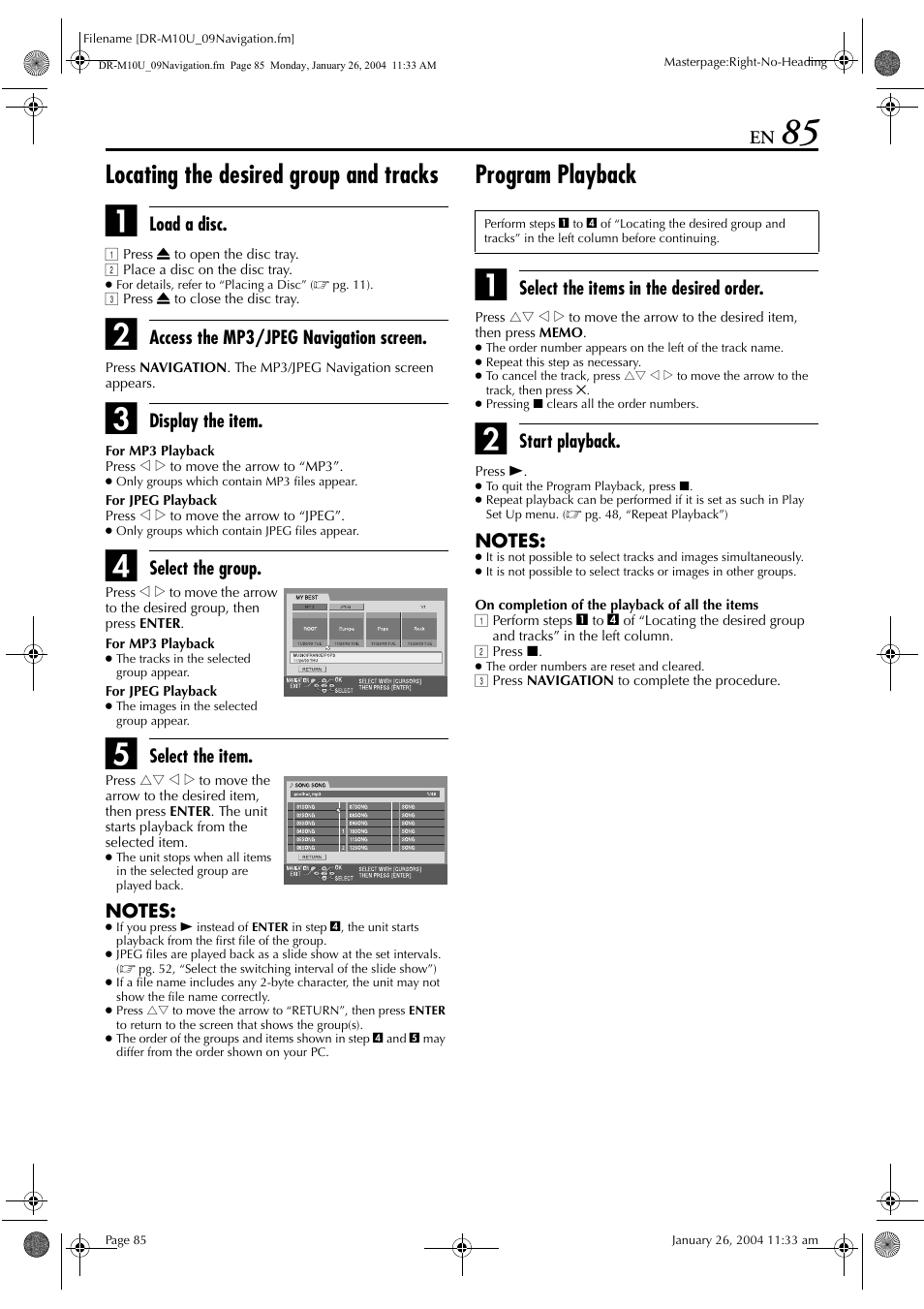 Locating the desired group and tracks, Program playback | JVC DR-M10 User Manual | Page 85 / 112