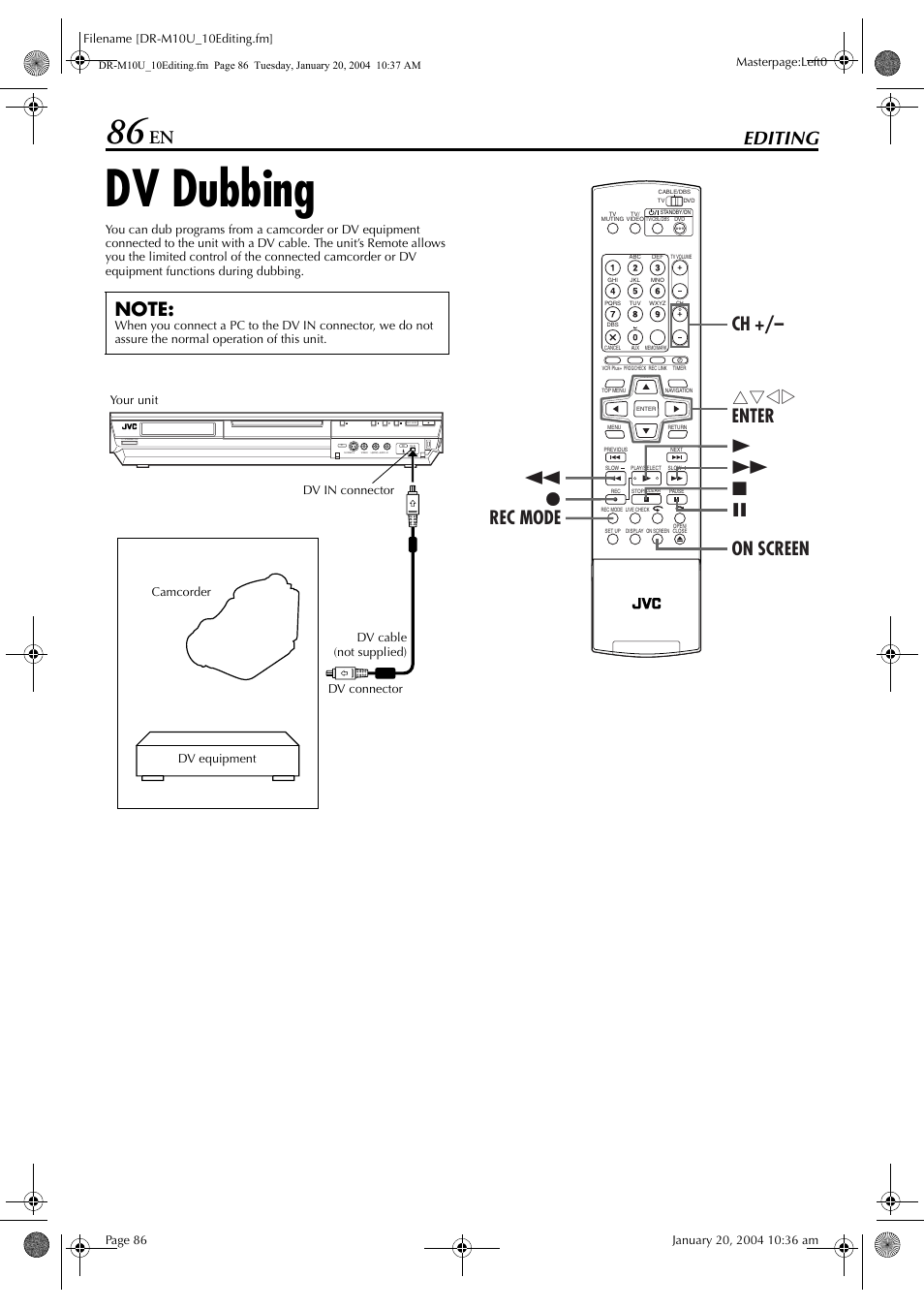 Editing, Dv dubbing, Editing 86 | Pg. 86, Rec mode | JVC DR-M10 User Manual | Page 86 / 112