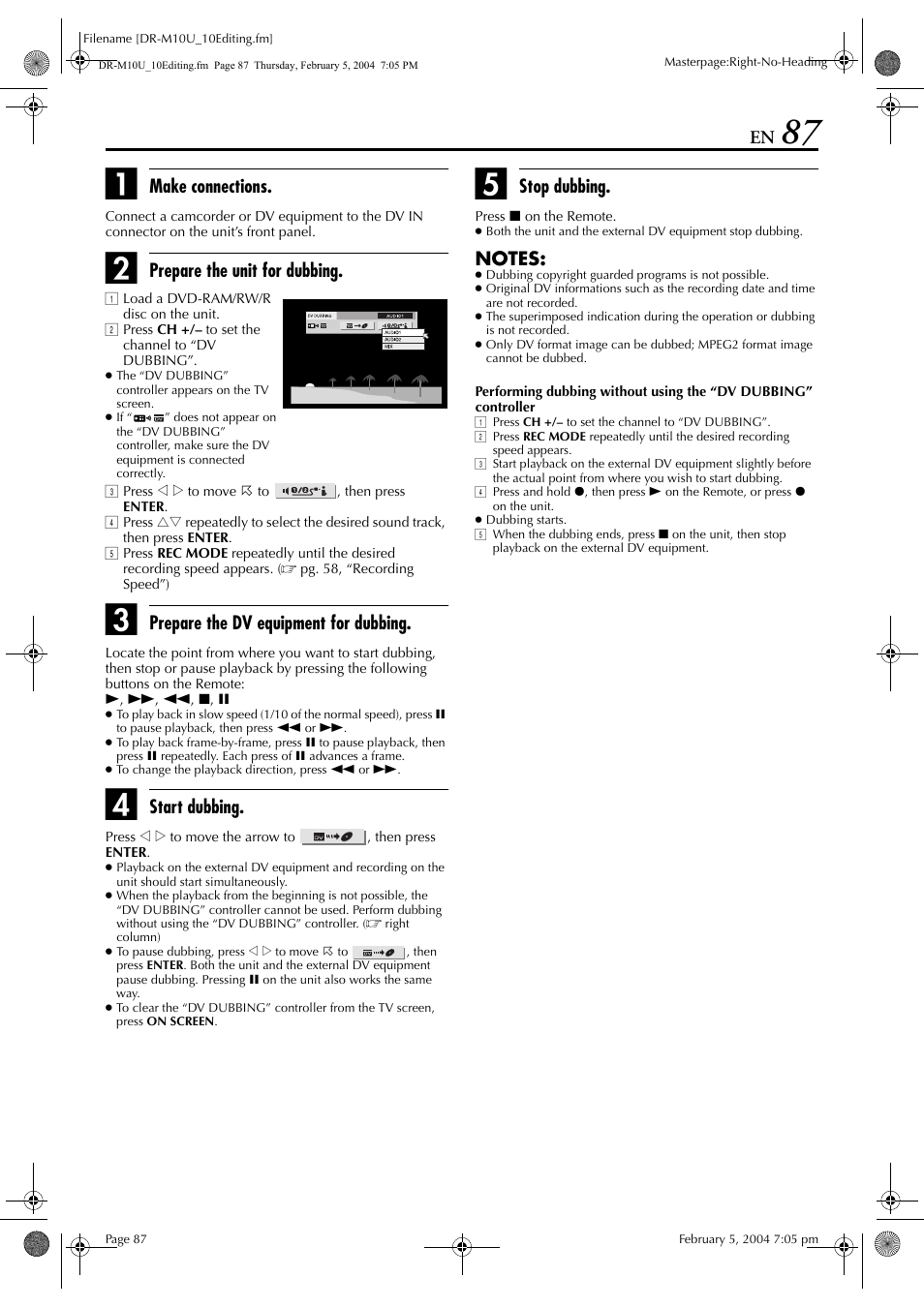 Make connections, Prepare the unit for dubbing, Prepare the dv equipment for dubbing | Start dubbing, Stop dubbing | JVC DR-M10 User Manual | Page 87 / 112
