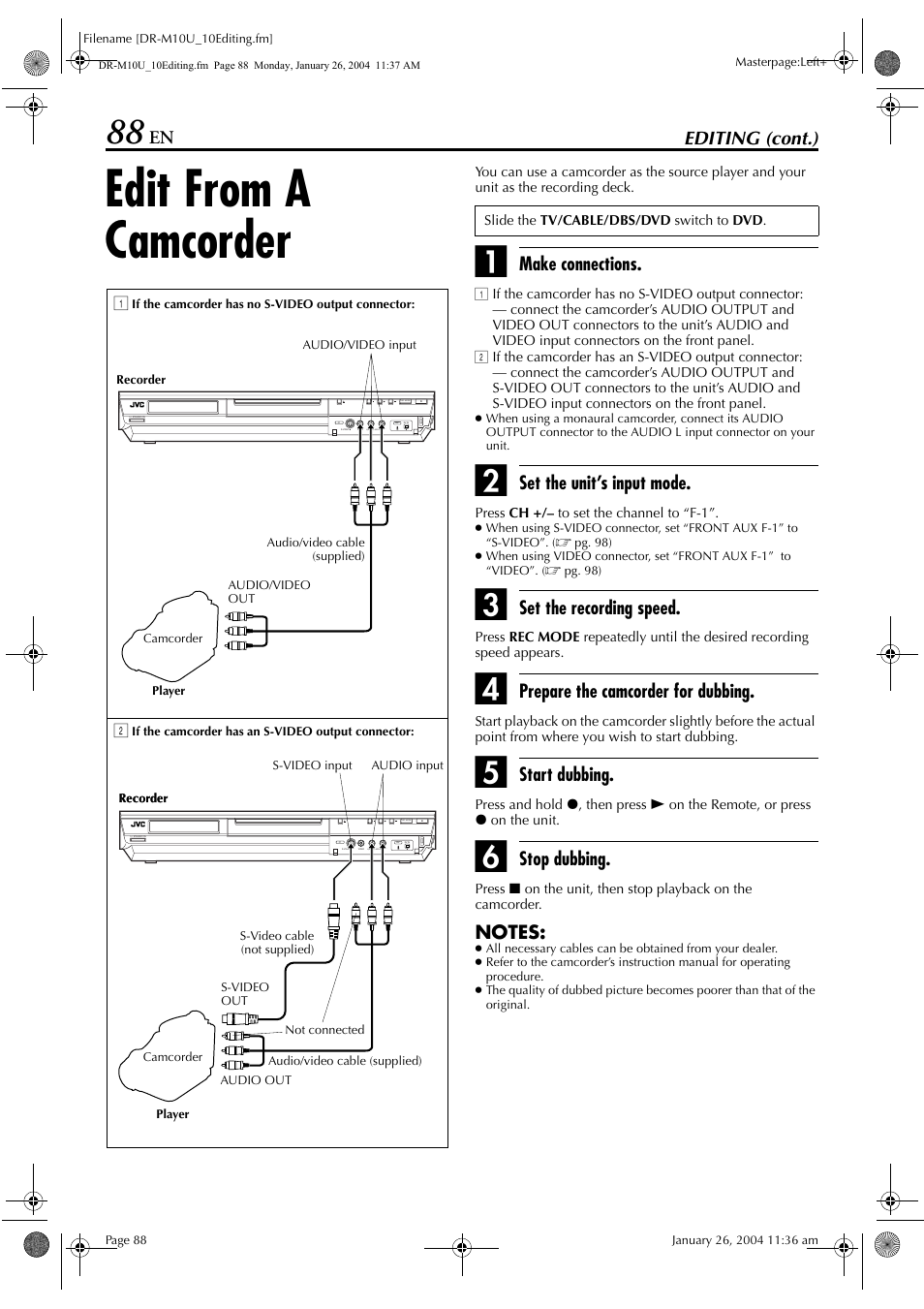Edit from a camcorder, Pg. 88, Editing (cont.) | Make connections, Set the unit’s input mode, Set the recording speed, Prepare the camcorder for dubbing, Start dubbing, Stop dubbing | JVC DR-M10 User Manual | Page 88 / 112