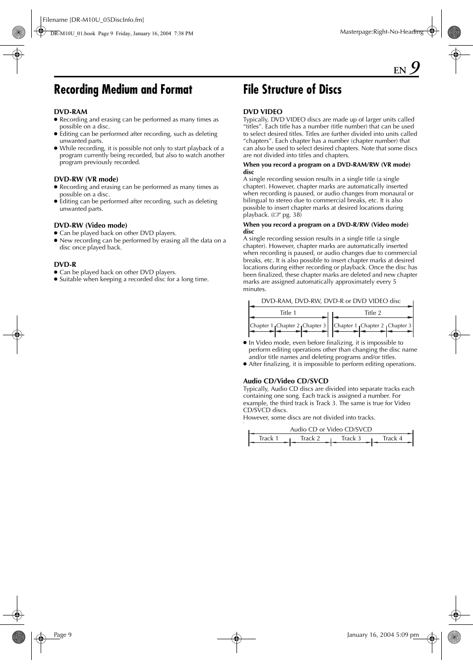 Recording medium and format, File structure of discs | JVC DR-M10 User Manual | Page 9 / 112