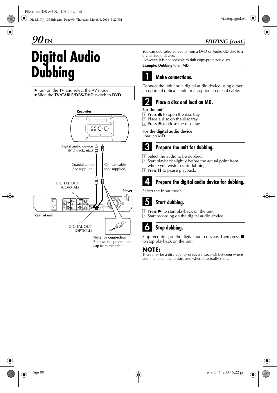 Digital audio dubbing, Editing (cont.), Make connections | Place a disc and load an md, Prepare the unit for dubbing, Prepare the digital audio device for dubbing, Start dubbing, Stop dubbing | JVC DR-M10 User Manual | Page 90 / 112