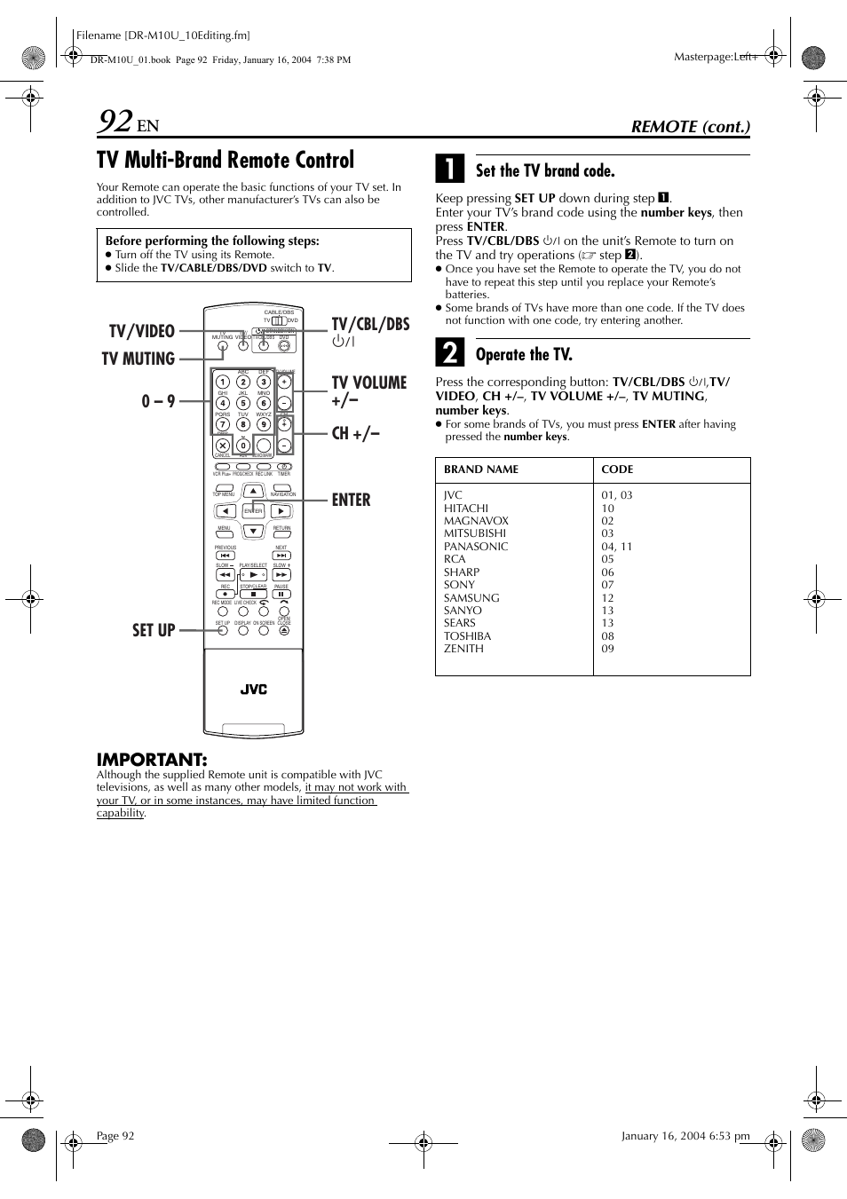 Tv multi-brand remote control, Pg. 92, Pg. 92) | Another program on the tv by using the tv’s tuner, Remote (cont.), Important, Set the tv brand code, Operate the tv | JVC DR-M10 User Manual | Page 92 / 112