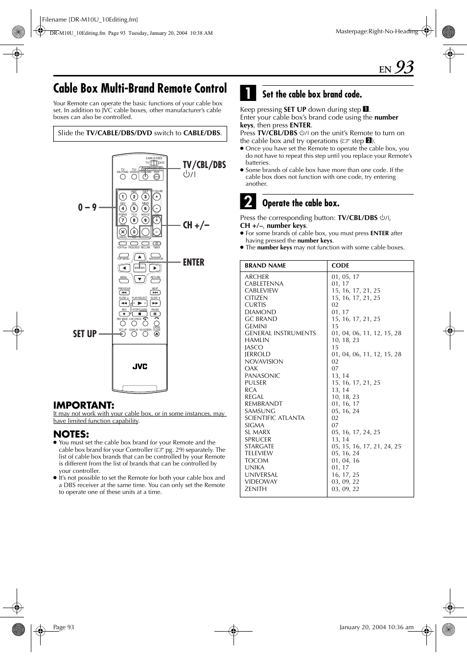 Cable box multibrand remote control, Cable box multi-brand remote control, Important | Set the cable box brand code, Operate the cable box, Set up 0 – 9 enter tv/cbl/dbs 1 ch, Step b), Slide the tv/cable/dbs/dvd switch to cable/dbs | JVC DR-M10 User Manual | Page 93 / 112
