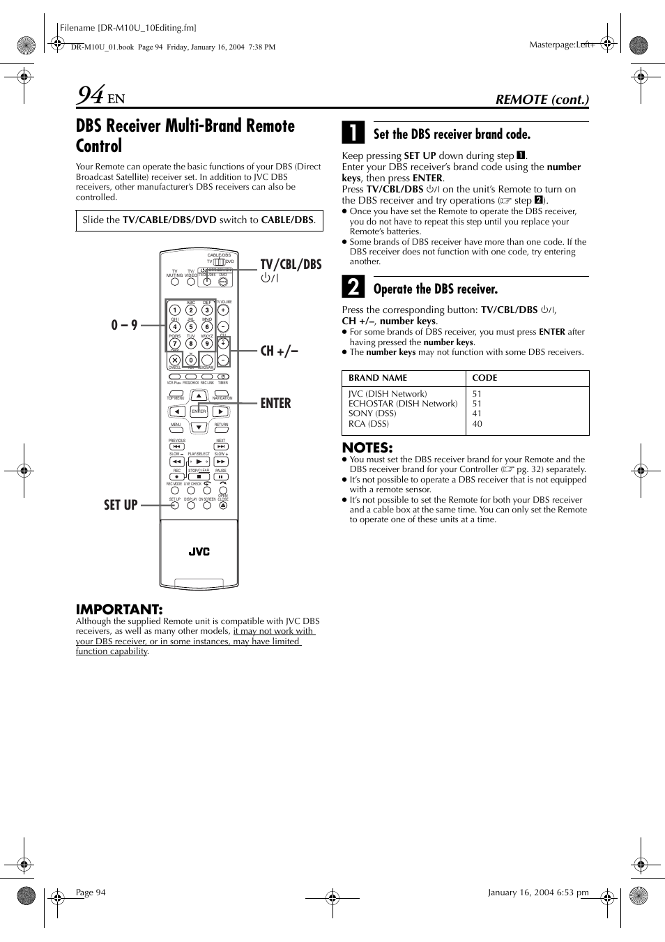 Dbs receiver multibrand remote control, Pg. 94, Dbs receiver multi-brand remote control | Remote (cont.), Important, Set the dbs receiver brand code, Operate the dbs receiver, Set up 0 – 9 enter ch +/– tv/cbl/dbs 1 | JVC DR-M10 User Manual | Page 94 / 112