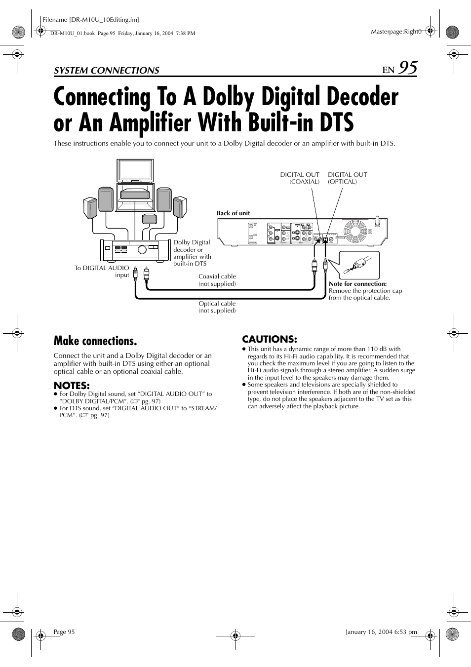 System connections, Make connections, Connecting to a dolby digital decoder or | An amplifier with built-in dts, Cautions | JVC DR-M10 User Manual | Page 95 / 112