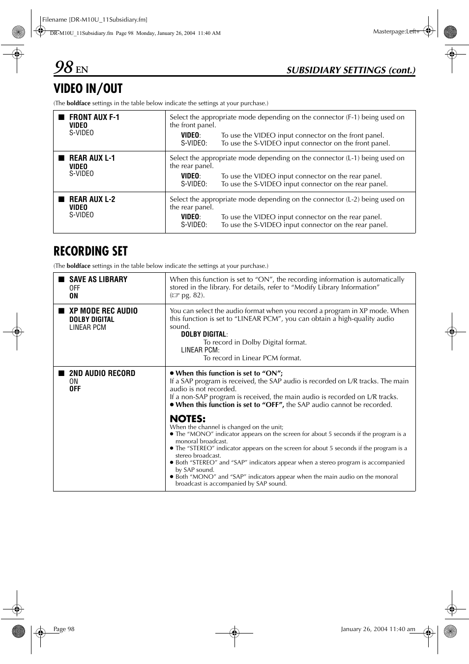 Video in/out, Recording set, Pg. 98) for reco | Enables reception of, Set to “off” in function set up menu, Pg. 98), 2” to “s-video, Video, Subsidiary settings (cont.) | JVC DR-M10 User Manual | Page 98 / 112