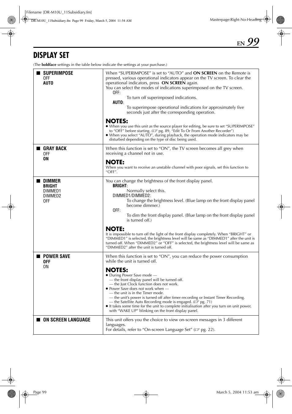 Display set, Pg. 99, “power save”) is disen, Starting | Pg. 99), Ve” is set to “on, Pg. 99), it is not | JVC DR-M10 User Manual | Page 99 / 112