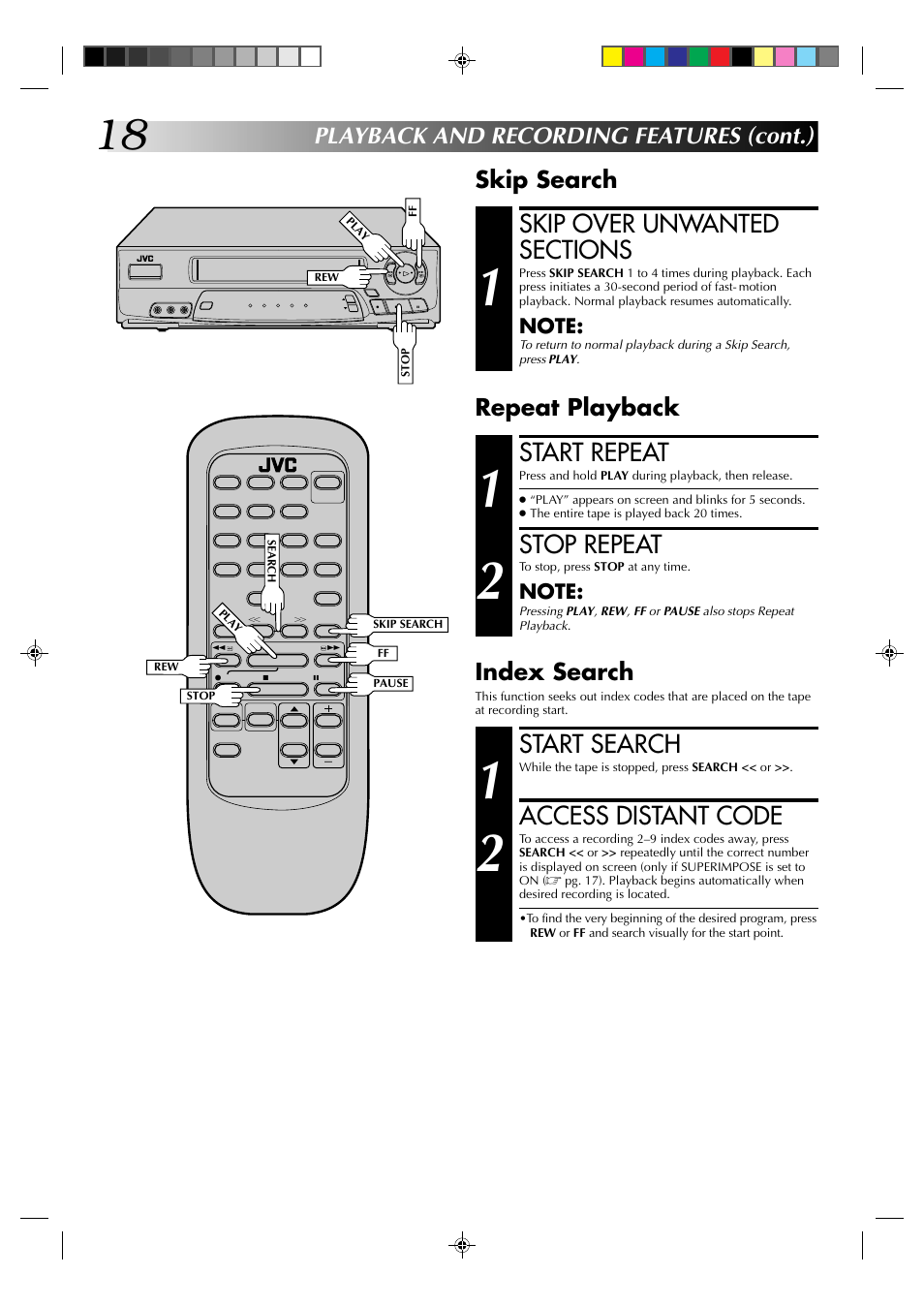 Start search, Access distant code, Start repeat | Stop repeat, Index search, Repeat playback | JVC HR-A52U(Hi-Fi) User Manual | Page 18 / 40