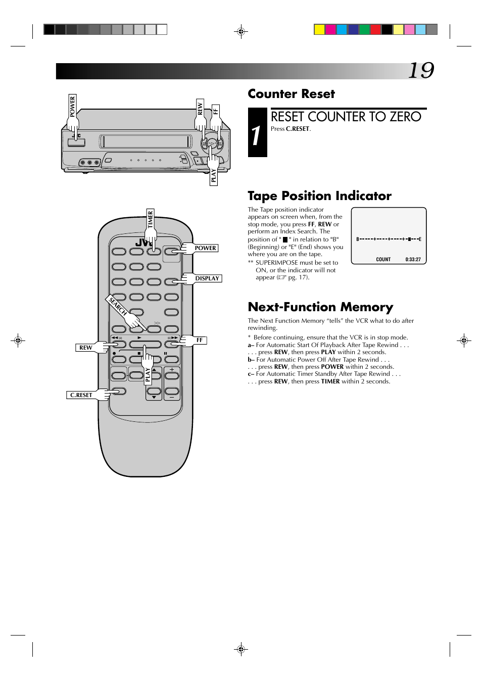 Reset counter to zero, Counter reset, Tape position indicator | JVC HR-A52U(Hi-Fi) User Manual | Page 19 / 40