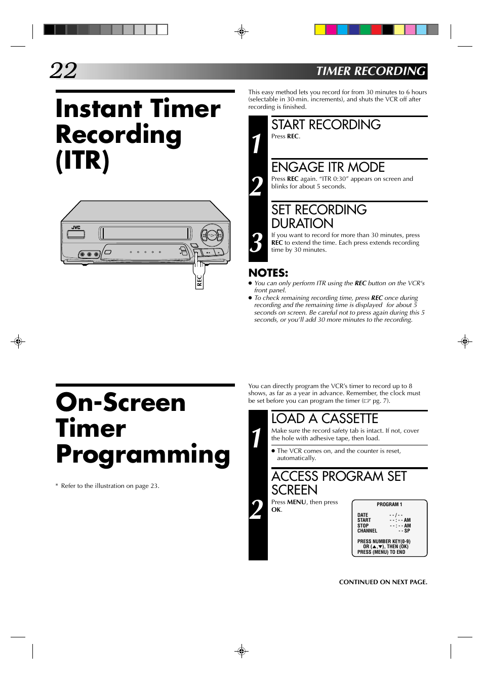 Instant timer recording (itr), On-screen timer programming | JVC HR-A52U(Hi-Fi) User Manual | Page 22 / 40