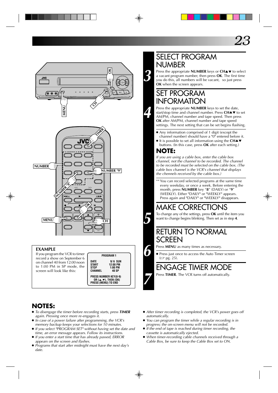 Select program number, Set program information, Make corrections | Return to normal screen, Engage timer mode | JVC HR-A52U(Hi-Fi) User Manual | Page 23 / 40